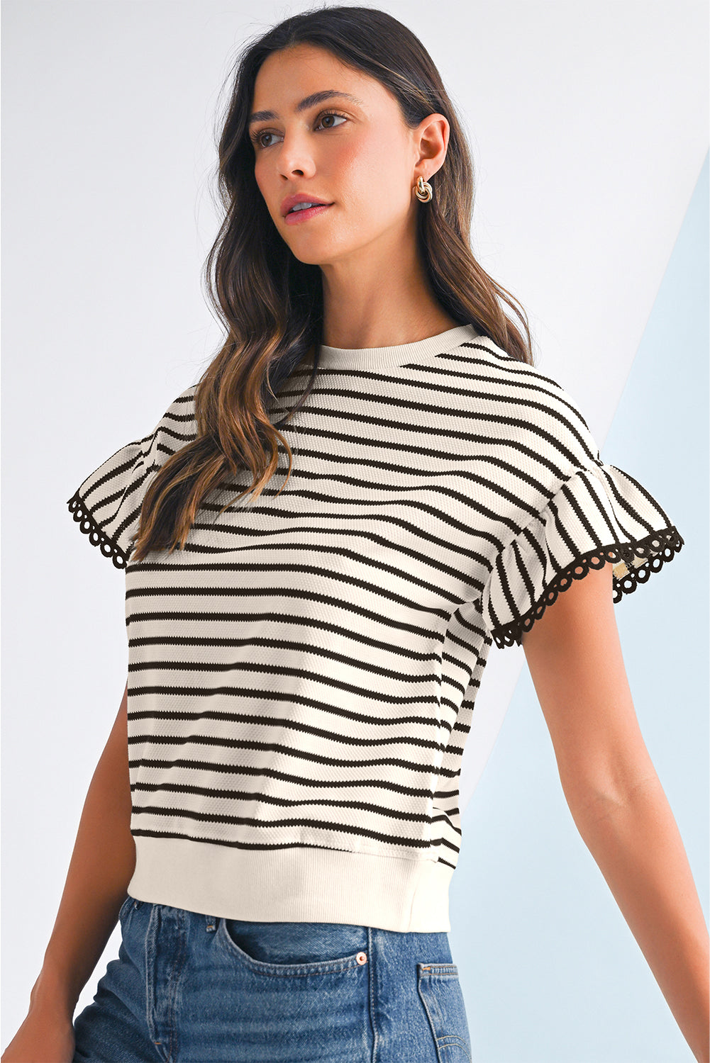 Black Stripe Scallop Lace Trim Ruffle Sleeves Crewneck Top - Kustom Kreations Goods