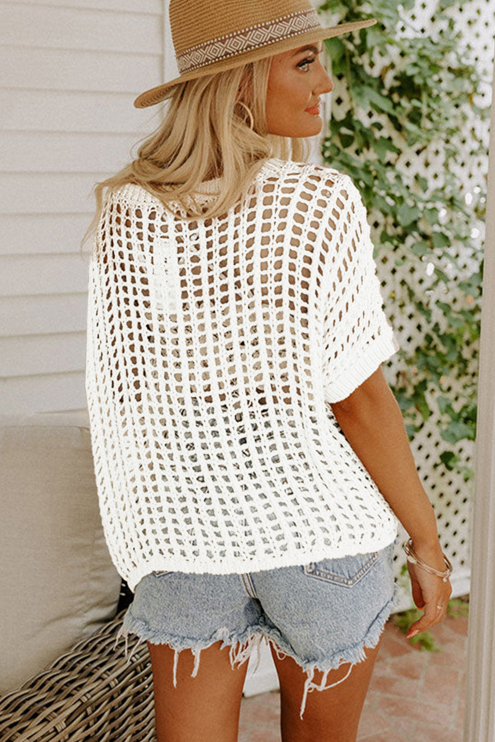 Apricot Fishnet Knit Ribbed Round Neck Short Sleeve Tee