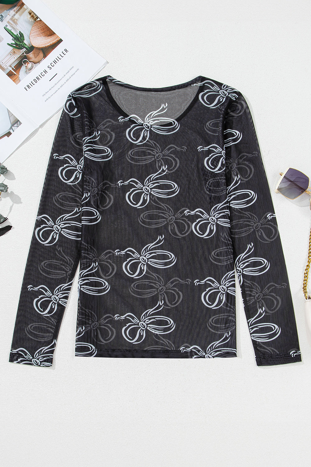 Black Bow Print Long Sleeve Mesh Top - Kustom Kreations Goods
