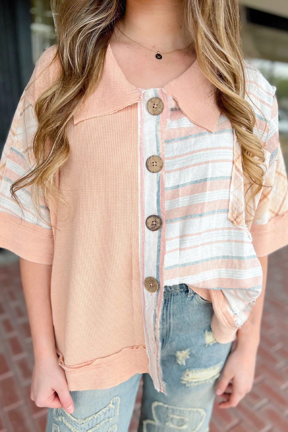 Orange Casual Stripe Half Sleeve Button Shirtcolla Blouse