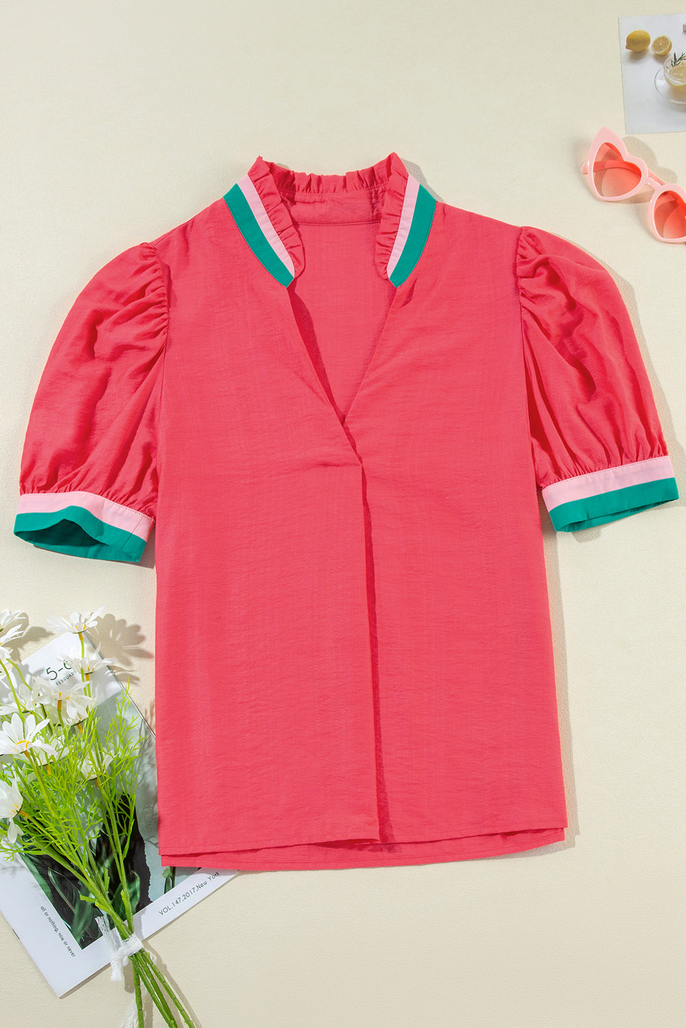 Carrot Colorful Stripe Trim V Neck Puff Sleeve Blouse