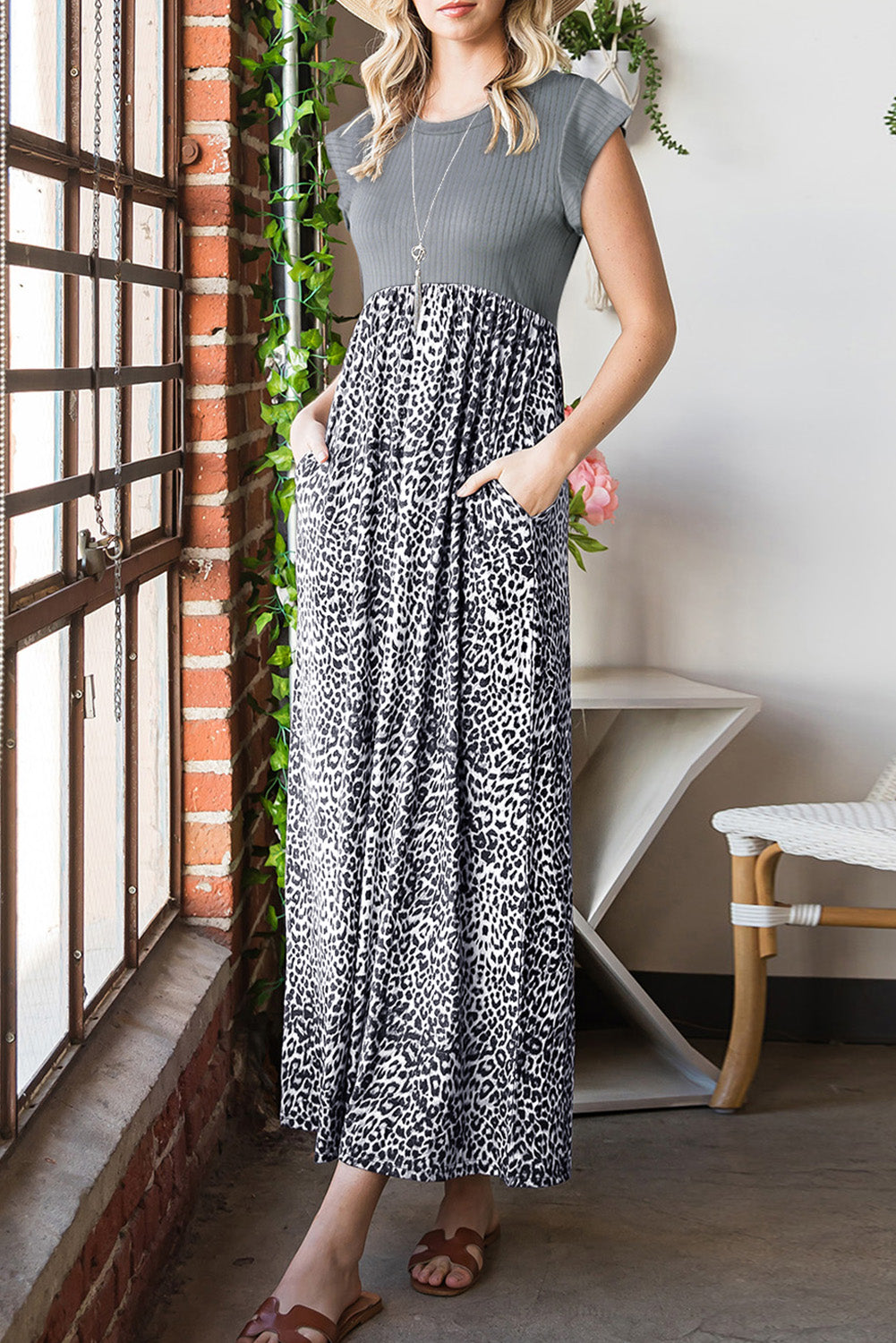 Black Leopard Print Casual Cap Sleeve Pocket Dress