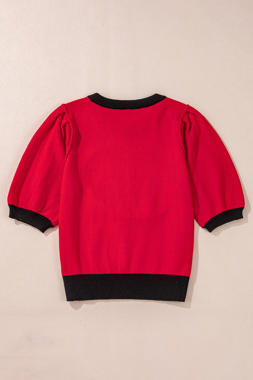 Red Sequin Rugby Color Block Puff Sleeve Knit Top