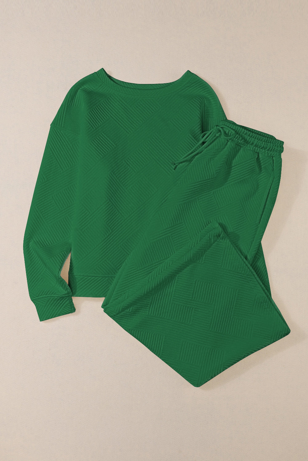 Dark Green Textured Loose Slouchy Long Sleeve Top and Pants Set