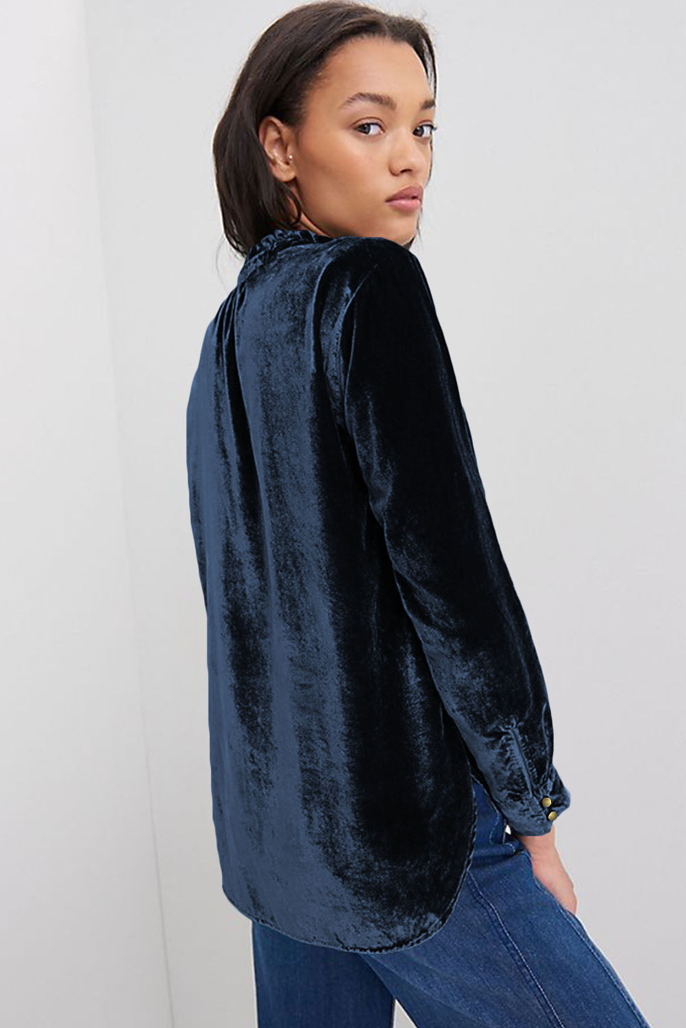 Black Frilled Neck Buttoned Front Velvet Top - Kustom Kreations Goods