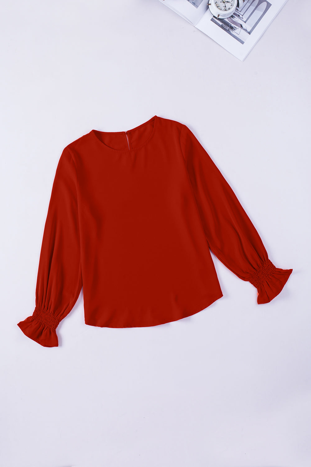 Red Solid Color Pullover Smocked Cuffs Long Sleeve Blouse