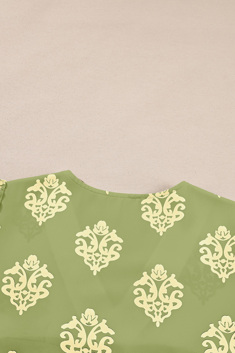 Green Damask Floral Print Contrast V Neck 3/4 Sleeve Blouse - Kustom Kreations Goods