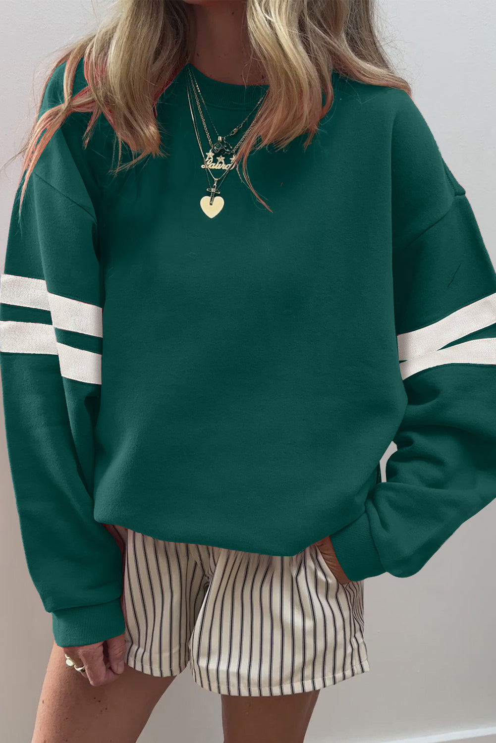 Fiery Red Preppy Striped Sleeve Loose Sweatshirt - Kustom Kreations Goods