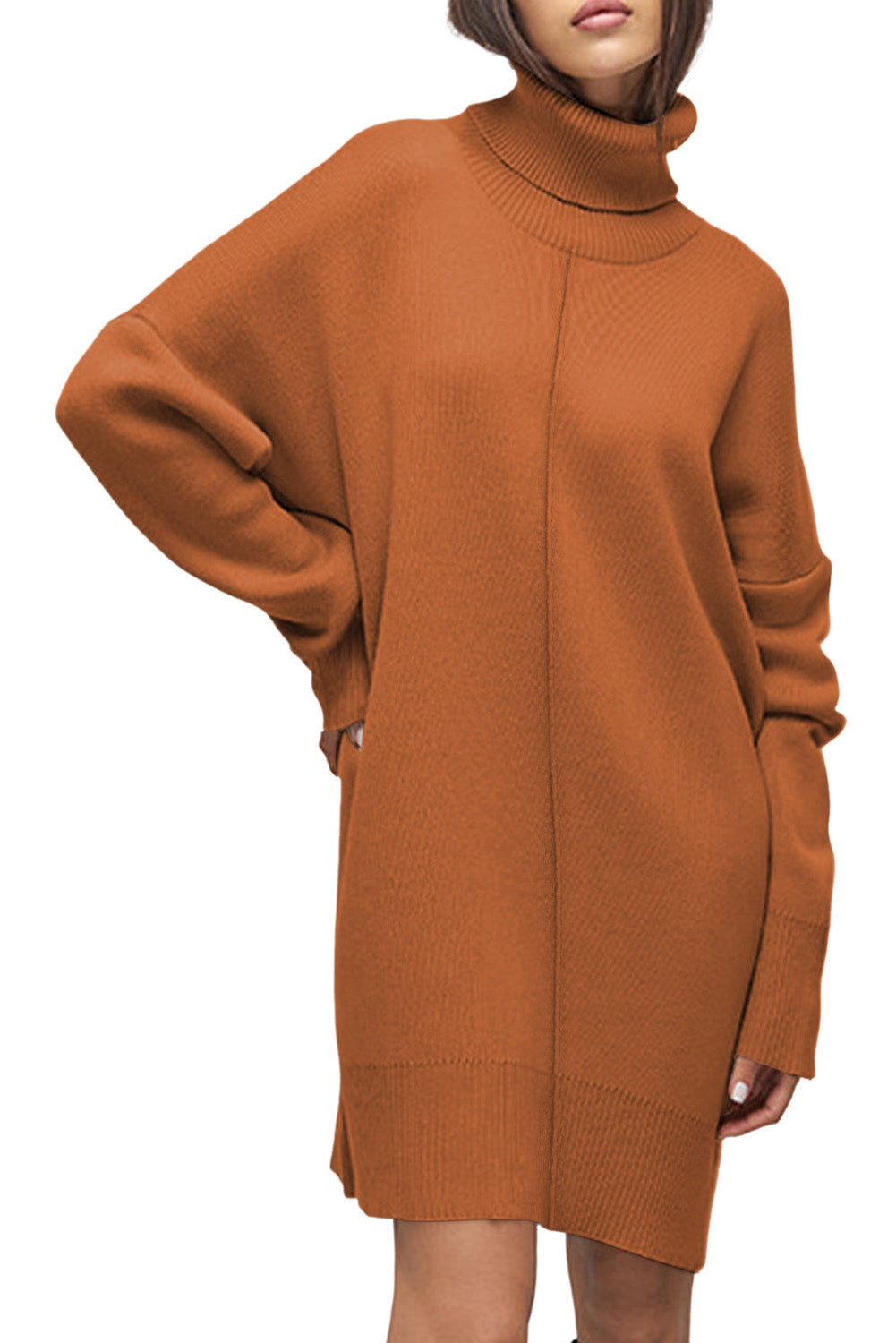 Black Solid Color Turtleneck Drop Shoulder Loose Sweater Dress - Kustom Kreations Goods