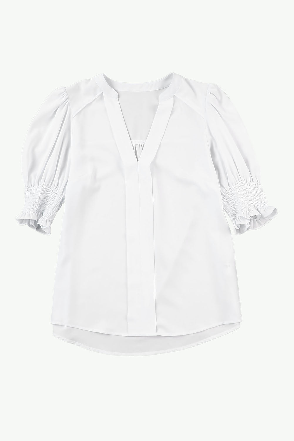 Apricot Solid Puffed Sleeve Shirred V Neck Blouse