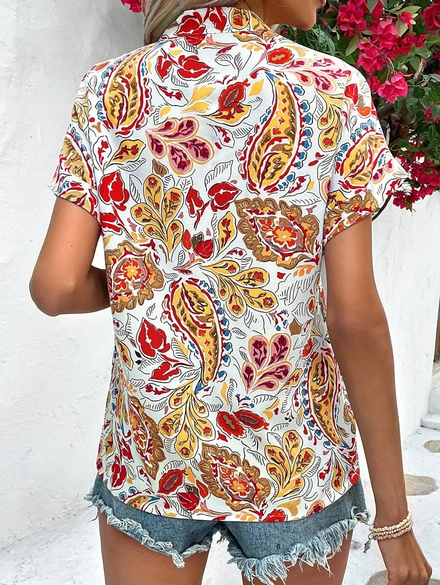 Printed Notched Neck Short Sleeve Blouse