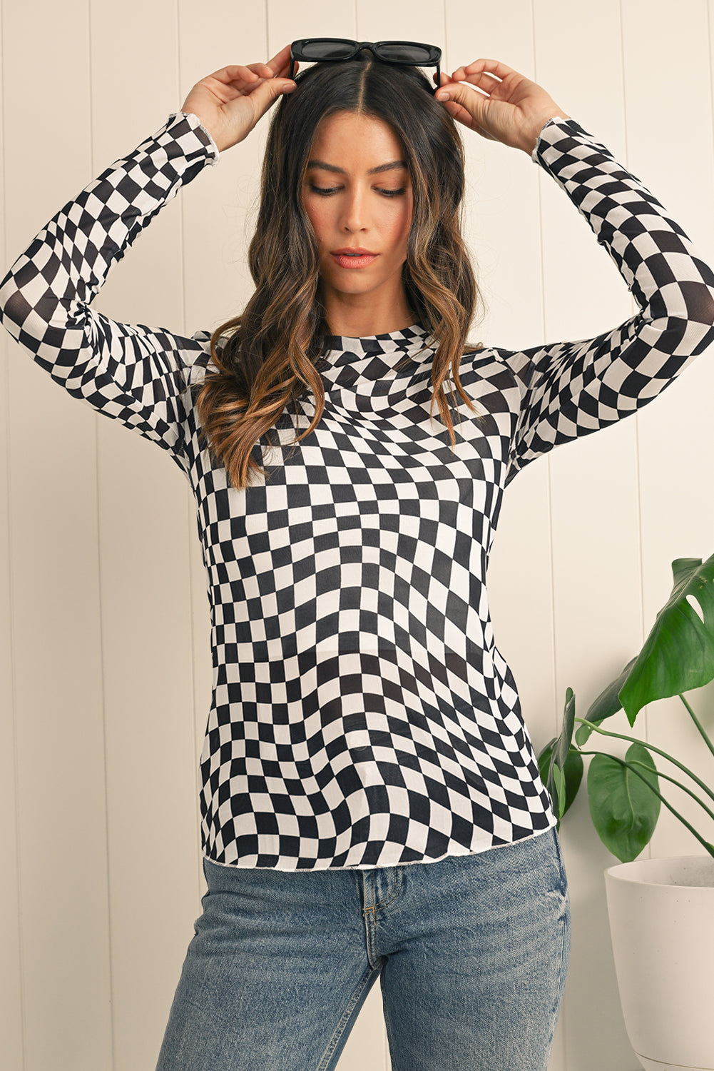 Black Checkered Pattern Mesh Long Sleeve Top - Kustom Kreations Goods