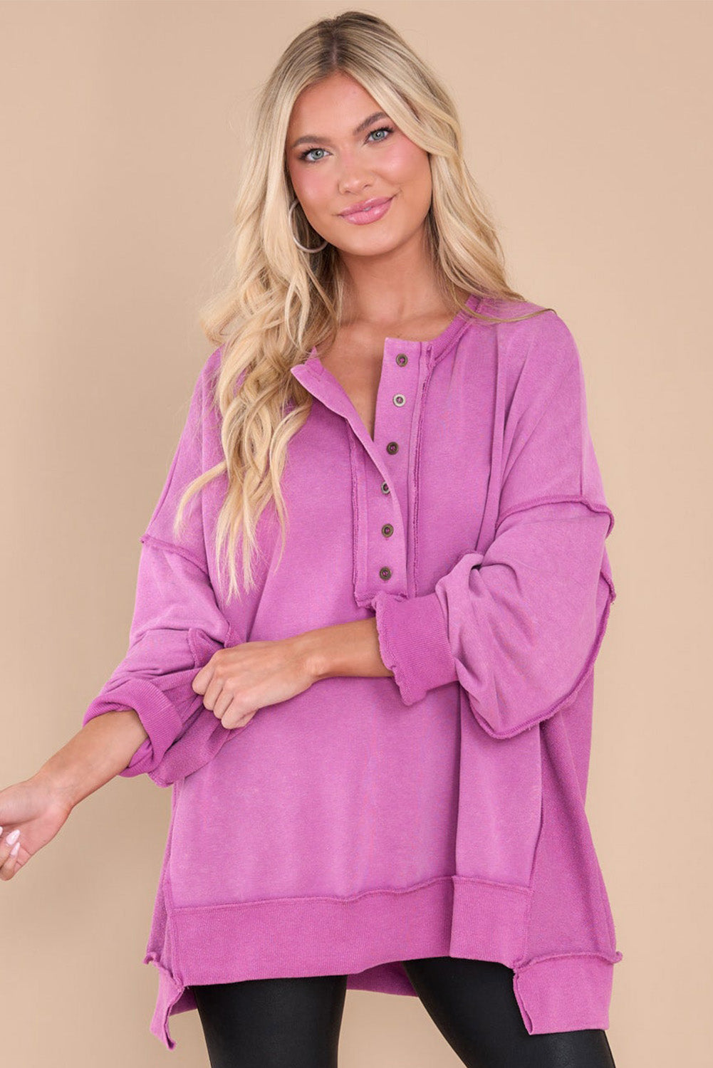 Purple Patchwork Exposed Seam Henley Sweatshirt