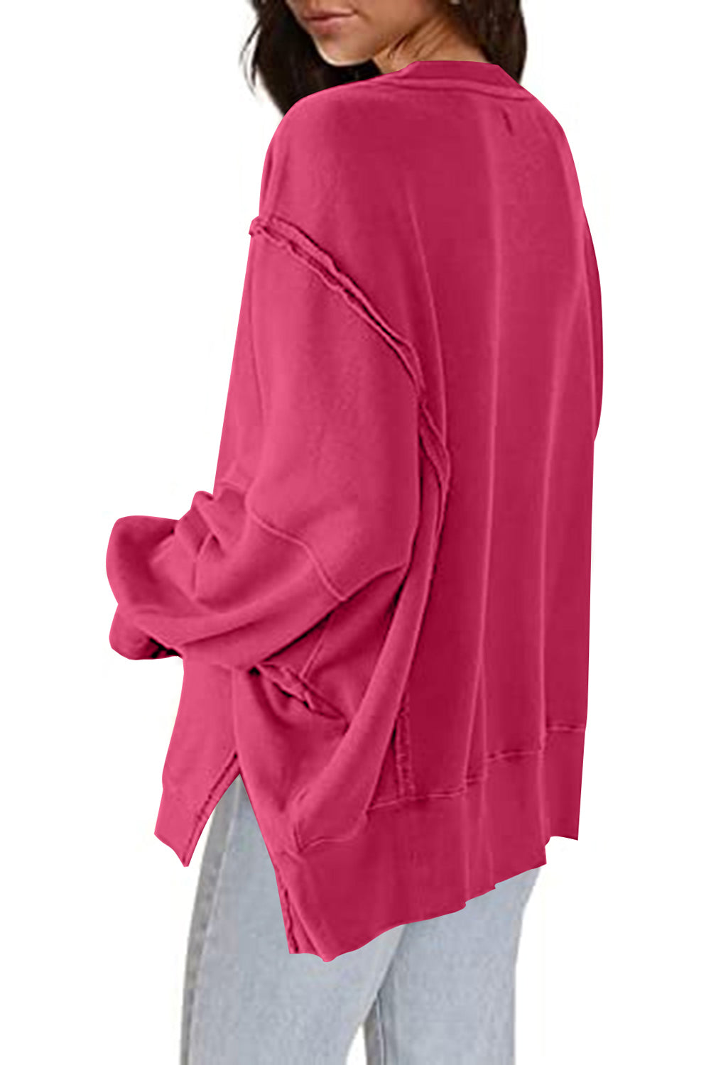 Black Exposed Seam Drop Shoulder Slit High Low Hem Sweatshirt