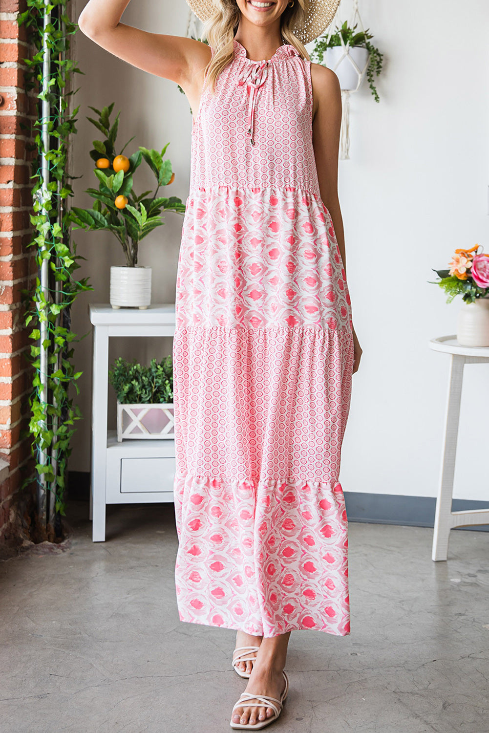 Pink Abstract Sleeveless V Neck Summer Tiered Dress