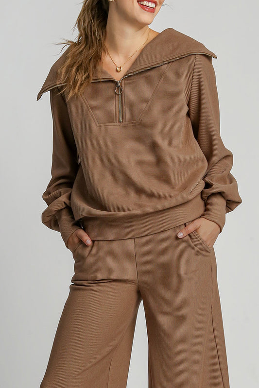 Coffee Solid Long Sleeve Zipper Pocket Pants Set