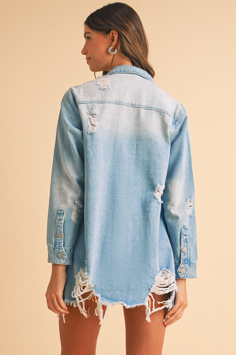 Beau Blue Light Wash Distressed Frayed Long Denim Shacket - Kustom Kreations Goods