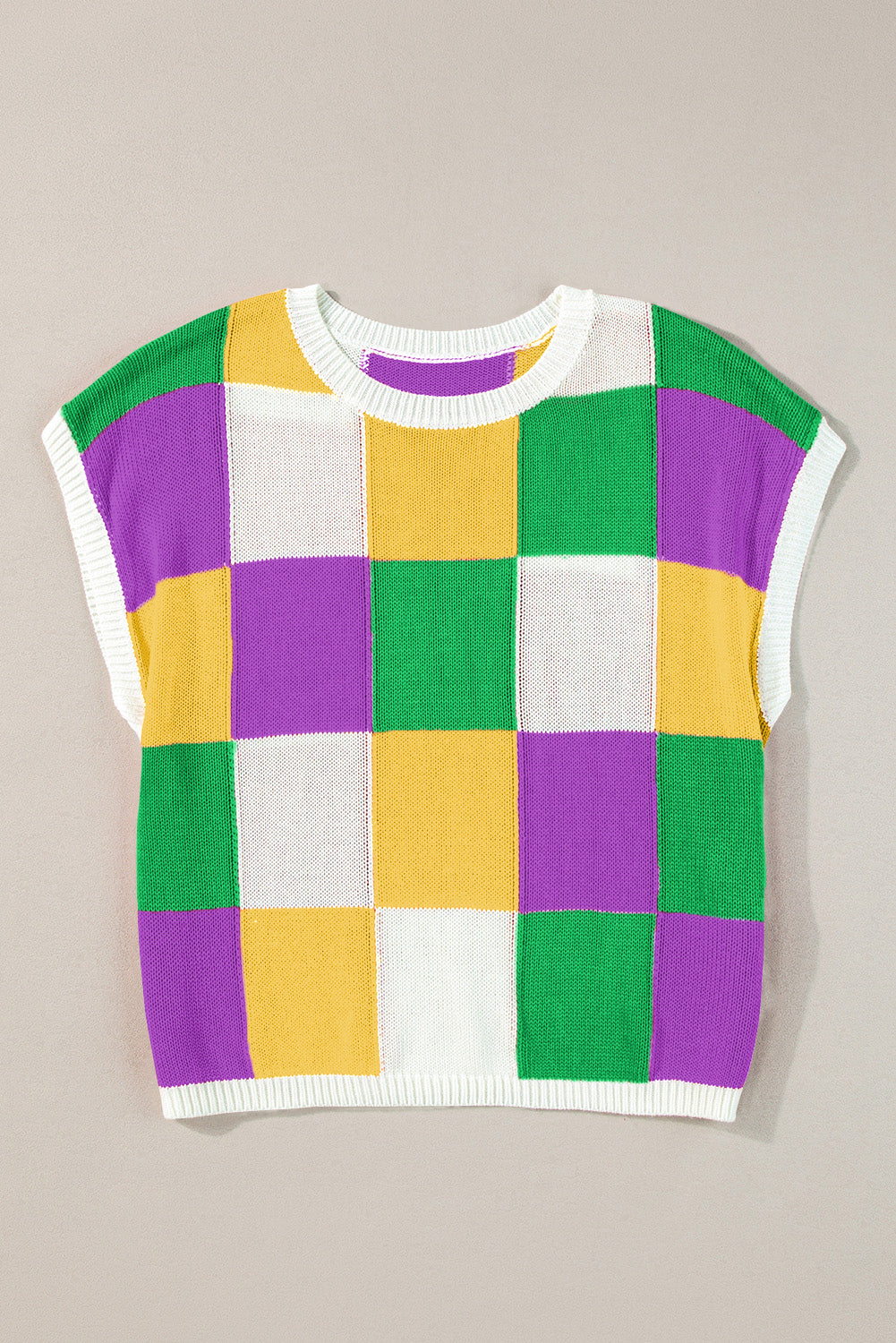 Tillandsia Purple Checkered Color Block Cap Sleeve Mardi Gras Knitted Top