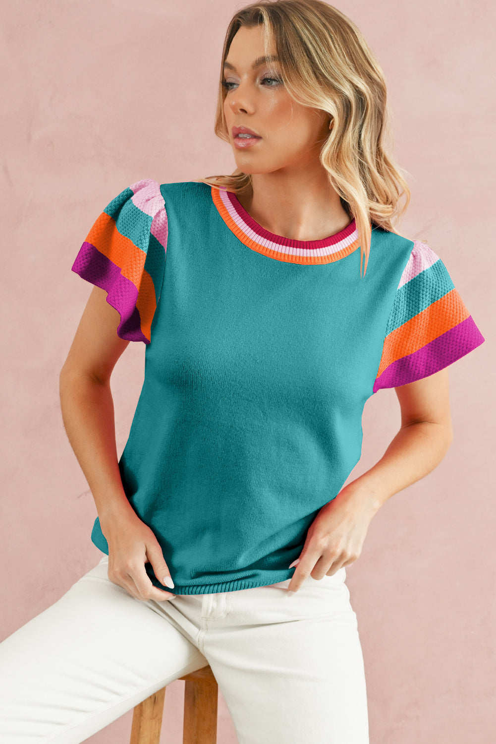 Turquoise Contrast Sleeve Striped Round Neck Knitted Tee