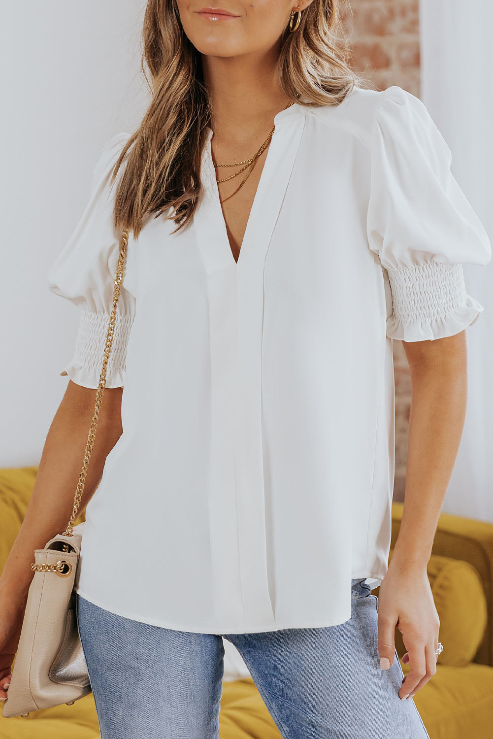 Apricot Solid Puffed Sleeve Shirred V Neck Blouse