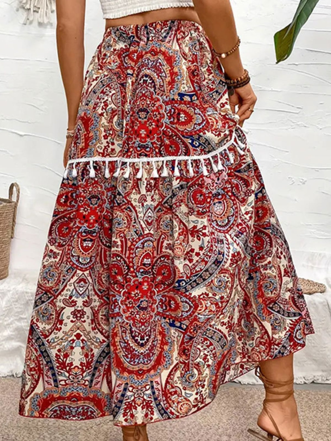 Printed Elastic Waist Midi Skirt