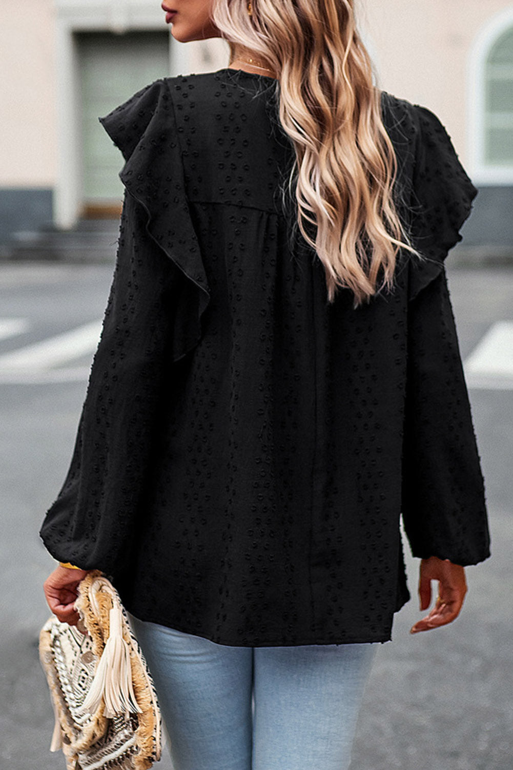Black Swiss Dot Ruffle Shoulder Long Sleeve Blouse