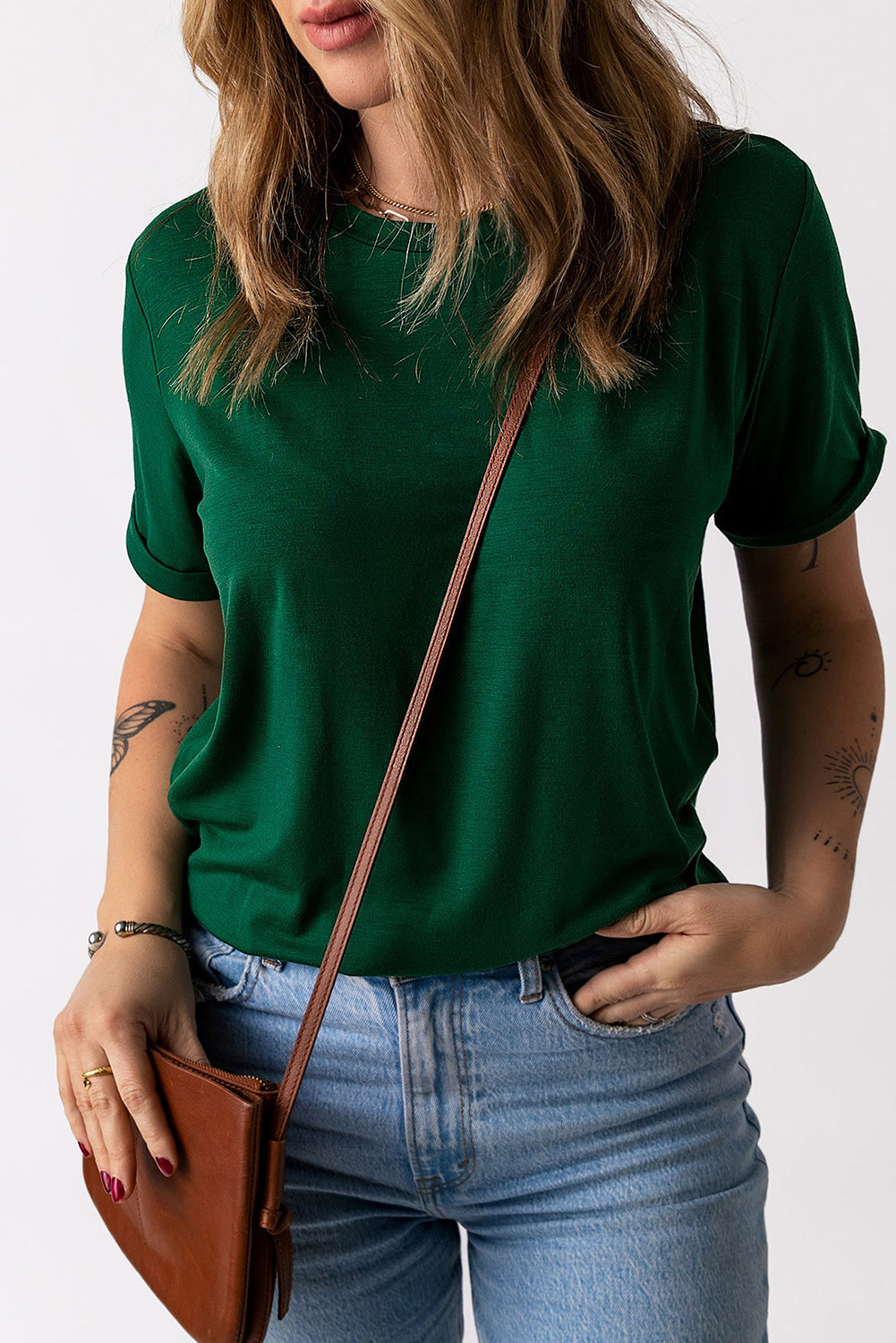 Green Plain Solid Color Crew Neck Tee