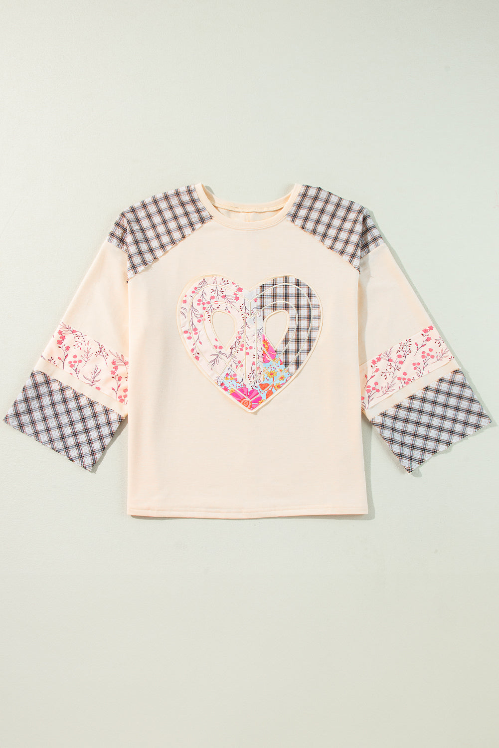 Beige Plaid Floral Patchwork Heart Long Sleeve Top - Kustom Kreations Goods