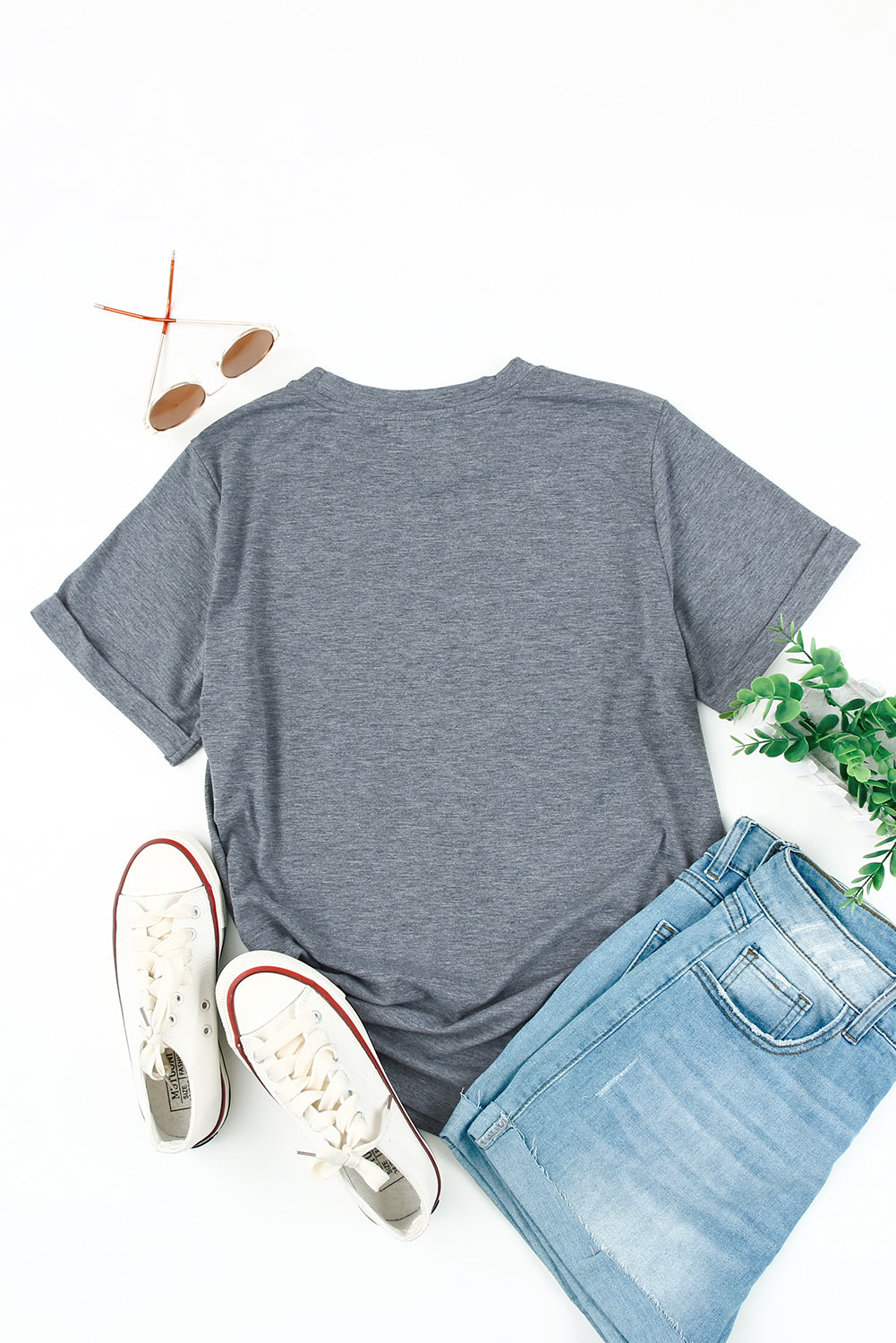 Green Plain Solid Color Crew Neck Tee
