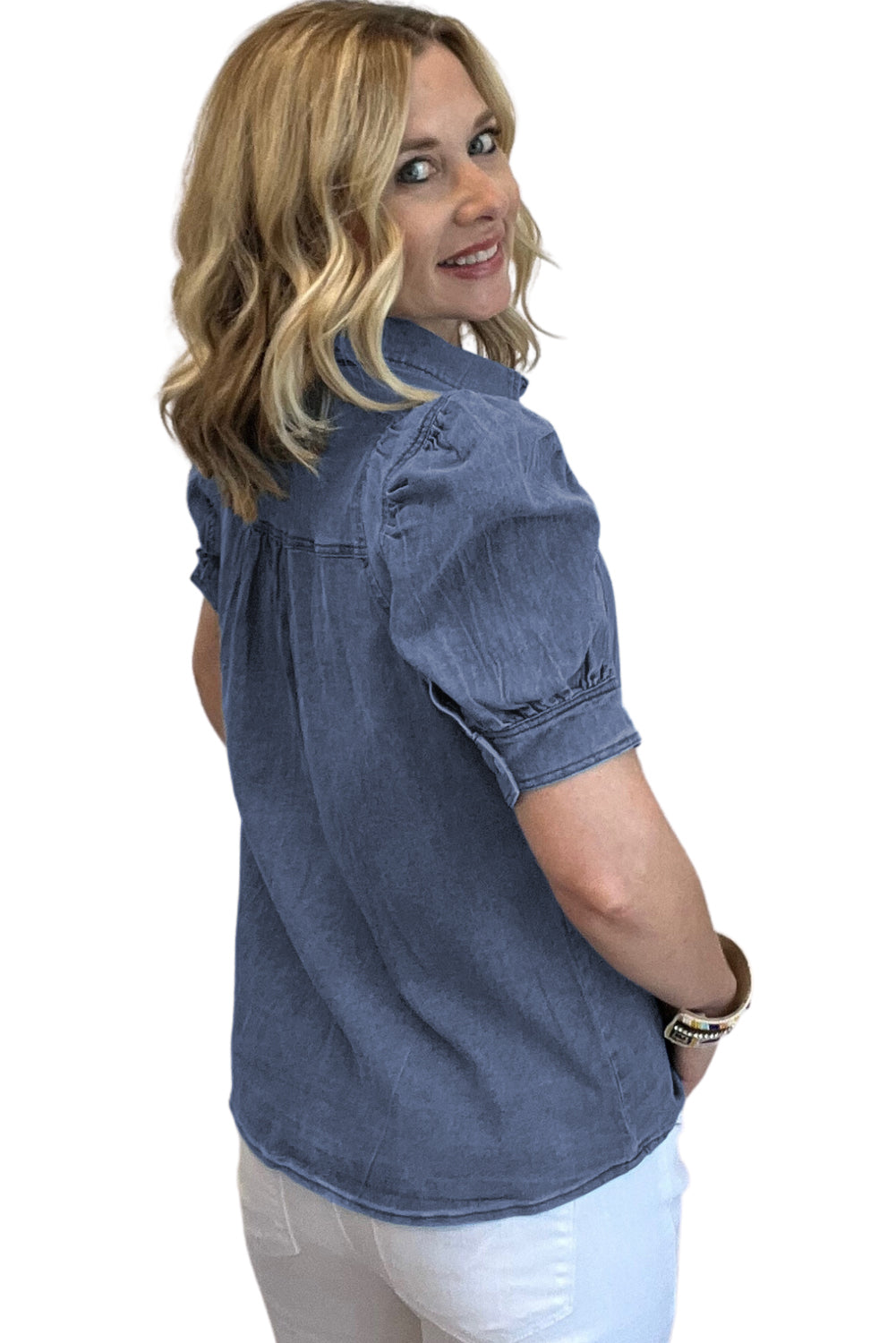 Ashleigh Blue Bubble Sleeve Button Up Denim Shirt