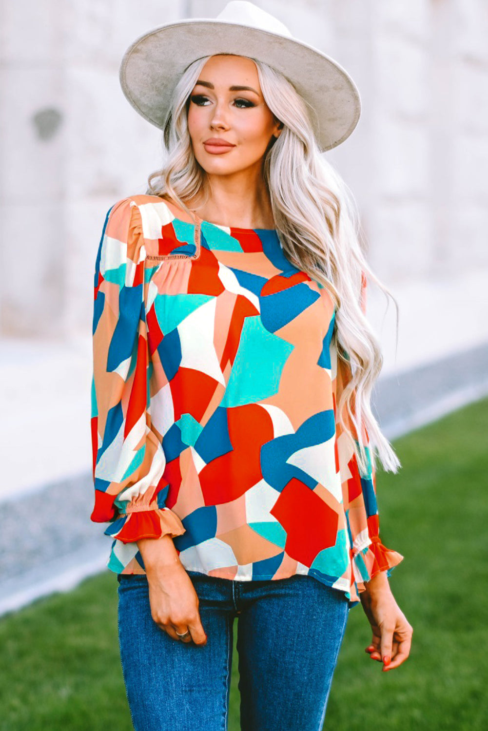 Multicolor Colorblock Casual Ruffle Puff Sleeve Blouse