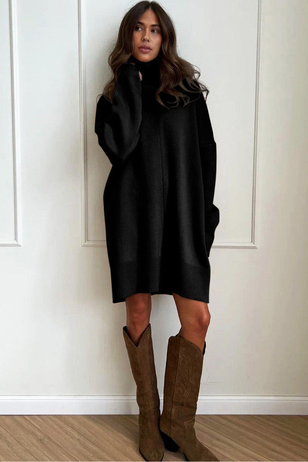 Black Solid Color Turtleneck Drop Shoulder Loose Sweater Dress - Kustom Kreations Goods