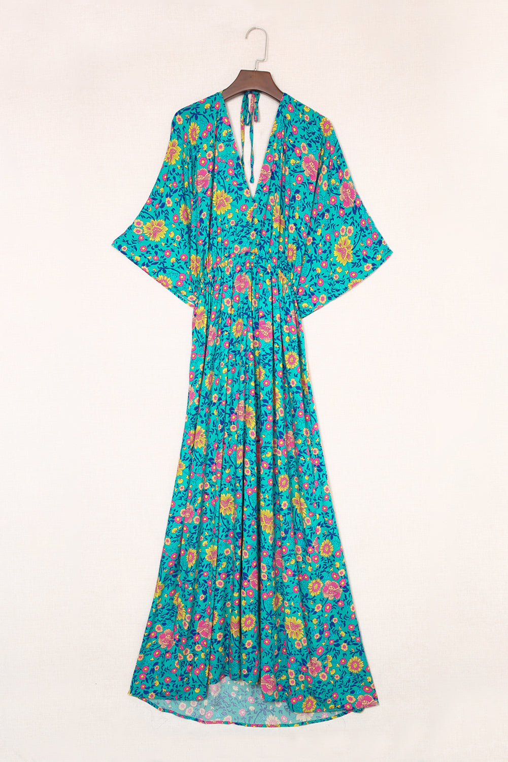 Floral Print Deep V Neck Flutter Sleeve Boho Maxi Dress