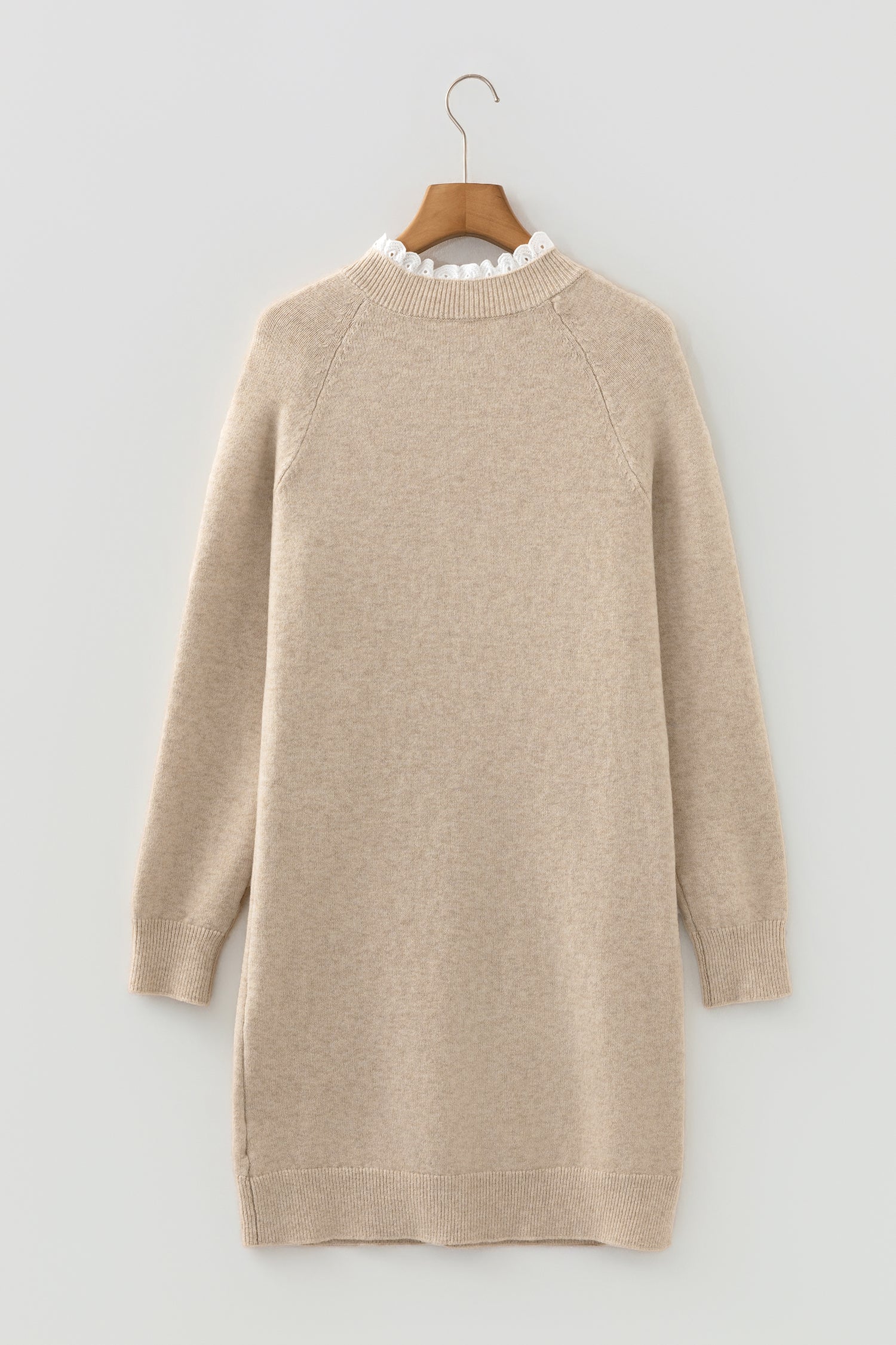 Parchment Button Lace Detail Raglan Sleeve Shift Mini Sweater Dress - Kustom Kreations Goods
