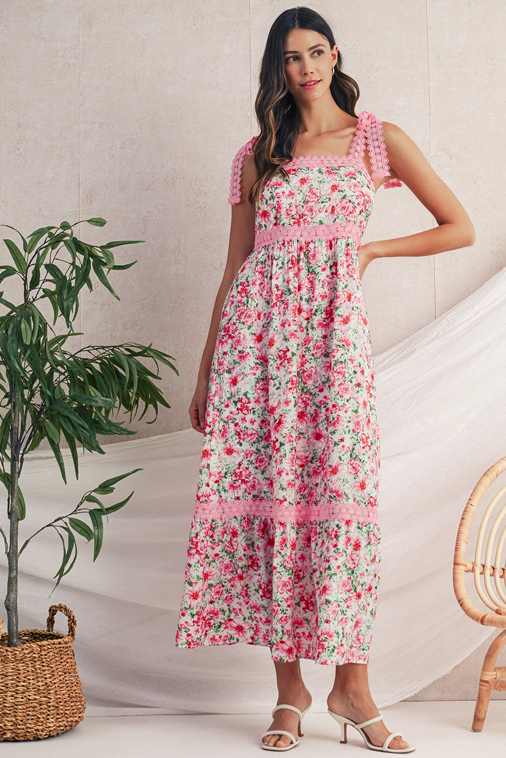Green Floral Lace Tied Strap Empire Waist Maxi Dress - Kustom Kreations Goods