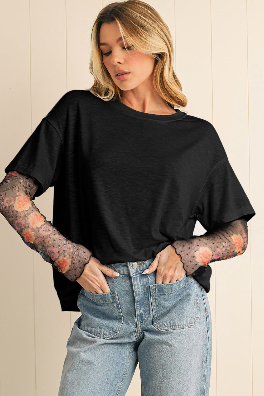 Fern Green Floral Mesh Patchwork Sleeve Crewneck Top