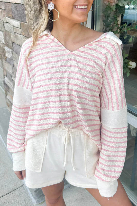 Pink Stripe Casual Long Sleeve V Neck Blouse
