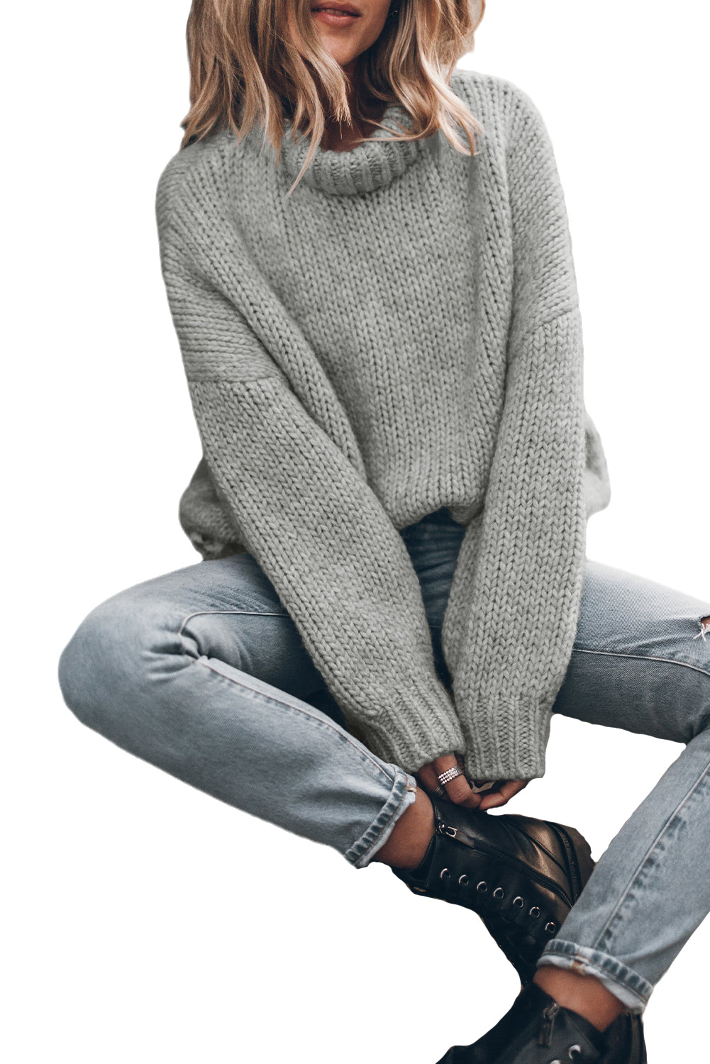 Rose Red Chunky Knit Turtle Neck Drop Shoulder Sweater