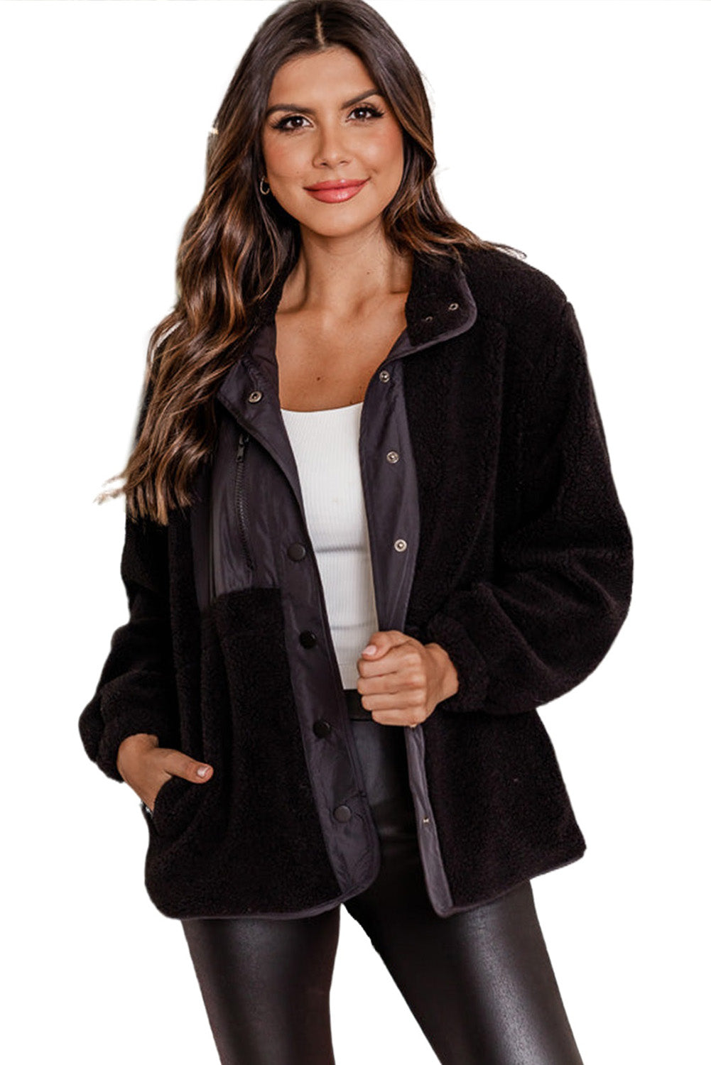 Pink Sherpa Contrast Trim Zipped Pocket Jacket