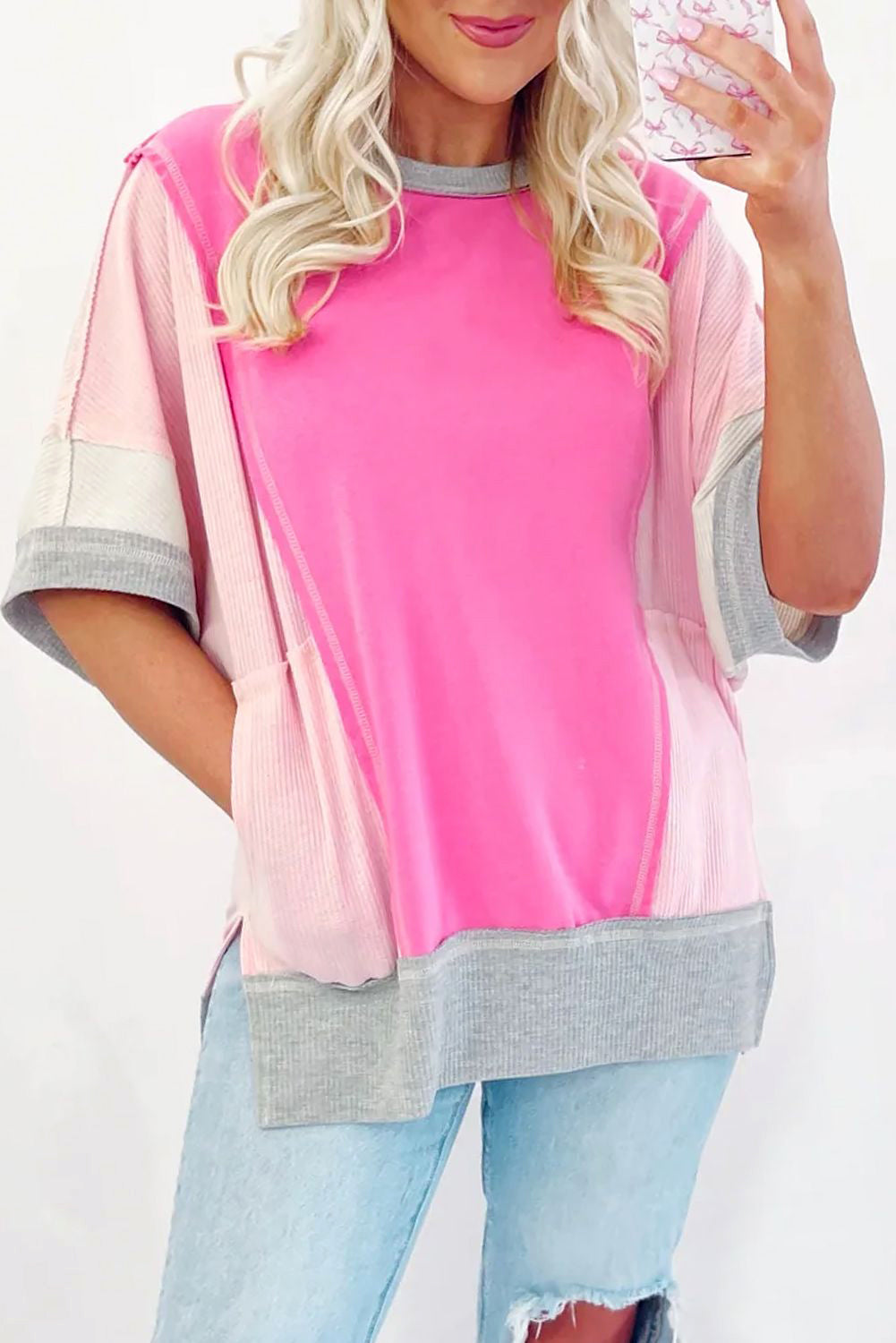 Sachet Pink Patchwork Half Sleeve Round Neck Blouse