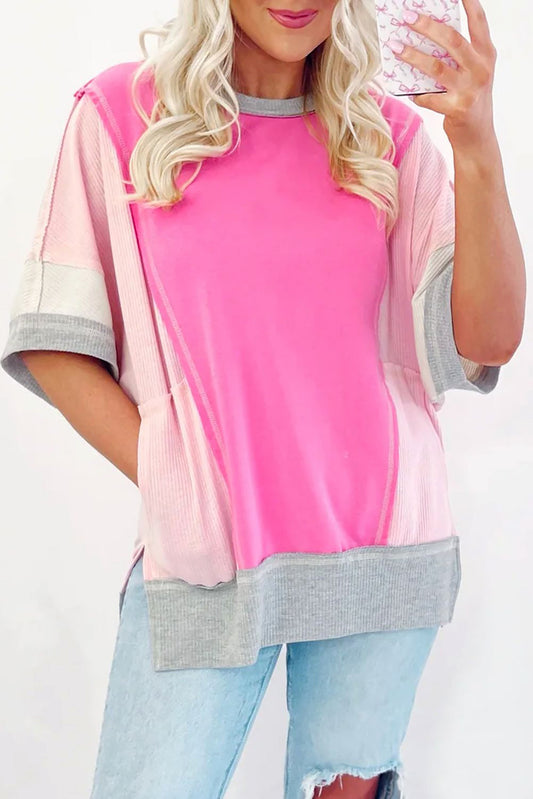 Sachet Pink Patchwork Half Sleeve Round Neck Blouse