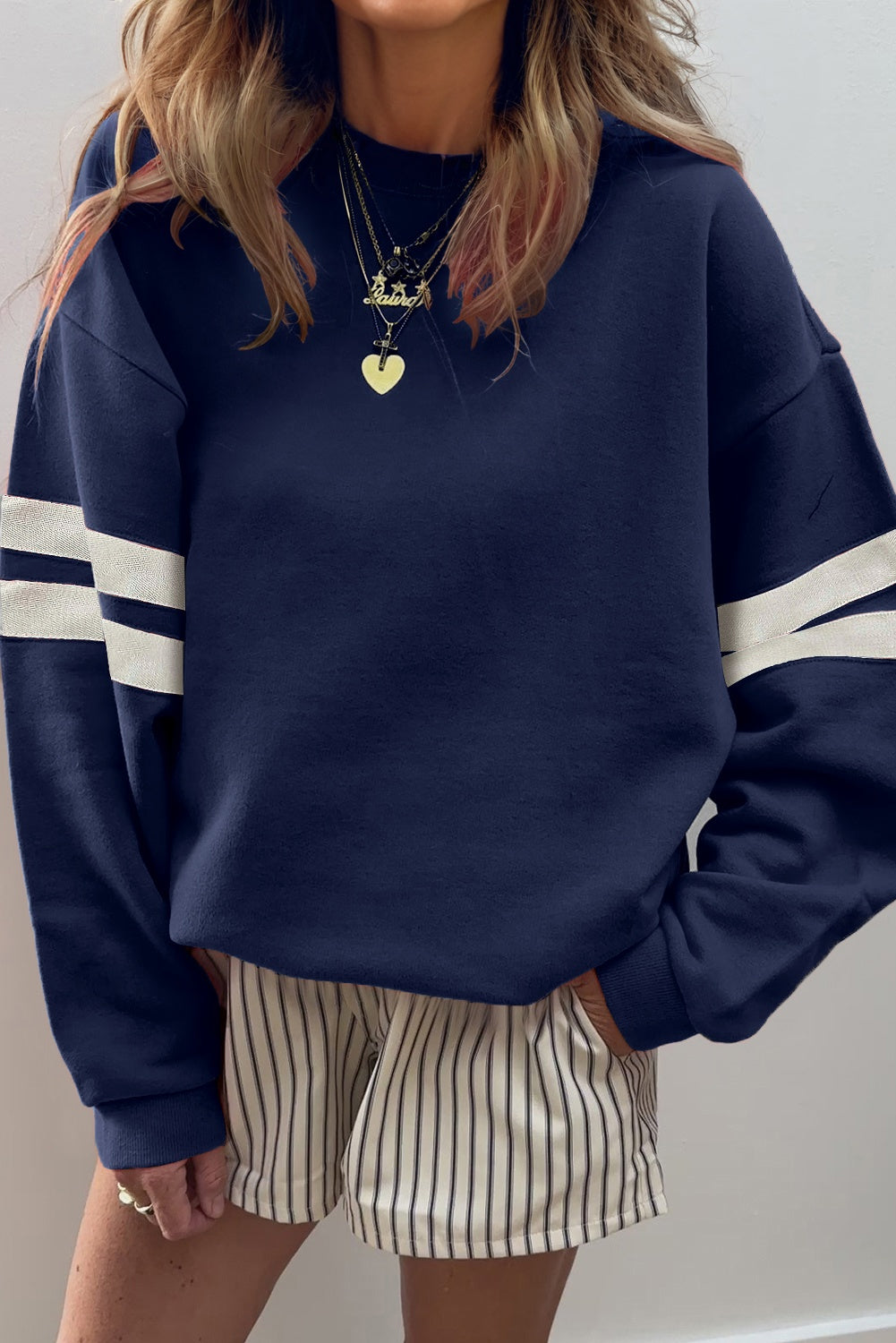 Fiery Red Preppy Striped Sleeve Loose Sweatshirt - Kustom Kreations Goods