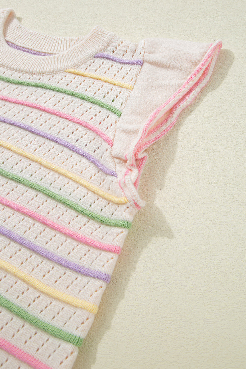 Oatmeal Colorful Striped Eyelet Knit Ruffle Top