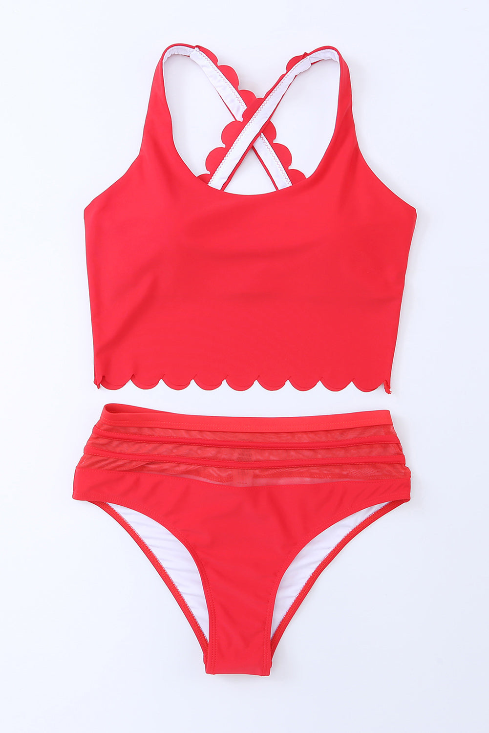 Red Scalloped Trim Criss Cross Contrast Mesh Two Piece Swimsuit