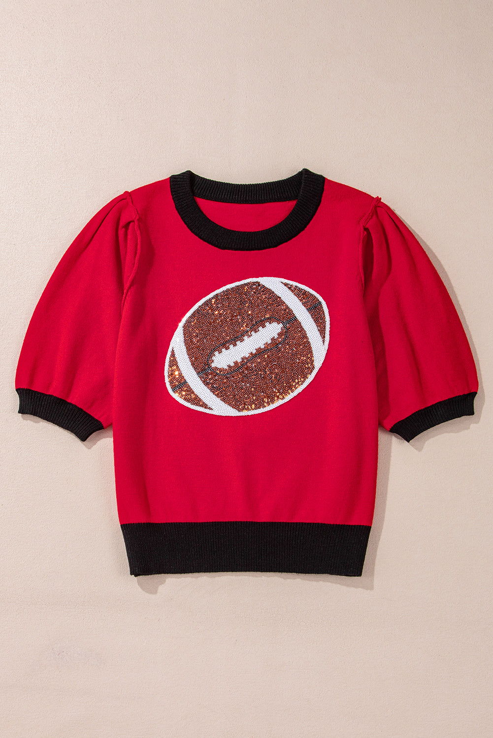 Red Sequin Rugby Color Block Puff Sleeve Knit Top