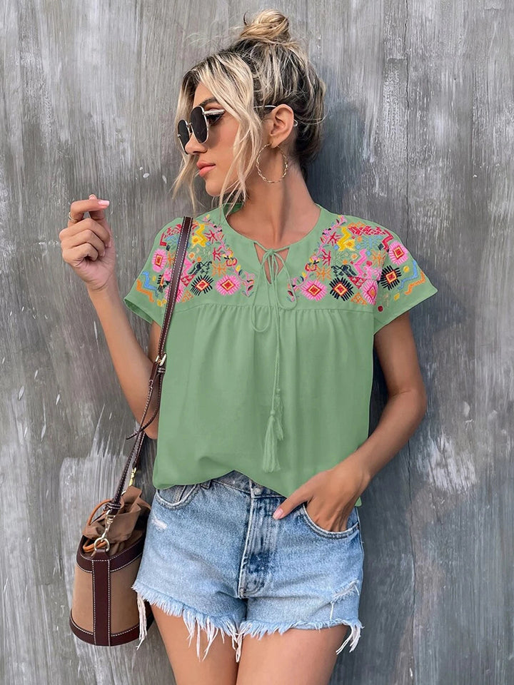 Printed Notched Neck Short Sleeve Blouse