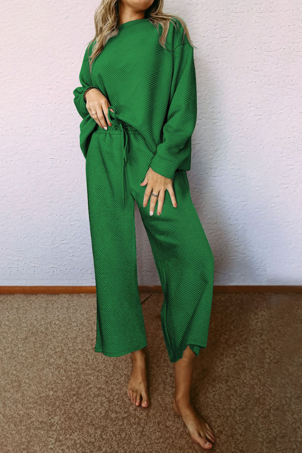 Dark Green Textured Loose Slouchy Long Sleeve Top and Pants Set