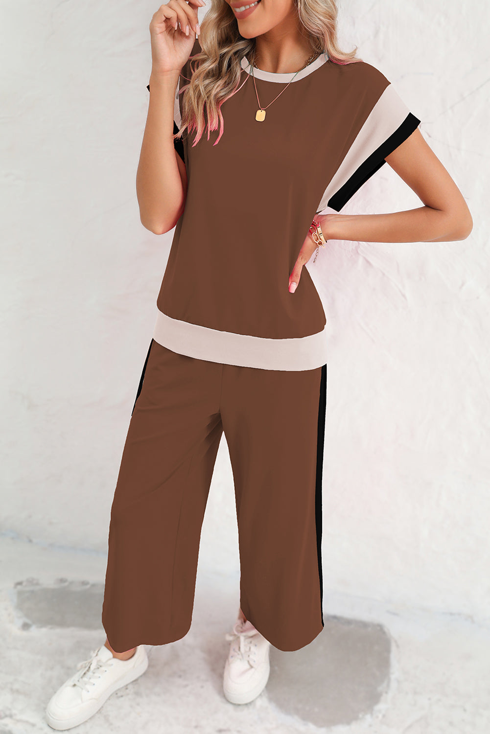 Chestnut Colorblock Cap Sleeve Tee and Wide Leg Pants Set