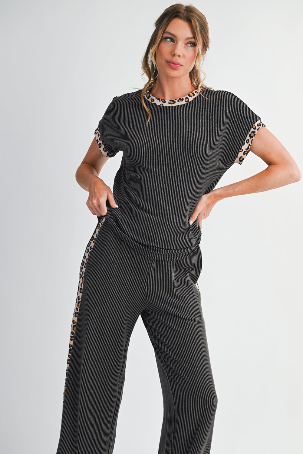 Carbon Grey Leopard Patchwork Trim Twisted Rib T Shirt and Cropped Pants Set - Kustom Kreations Goods