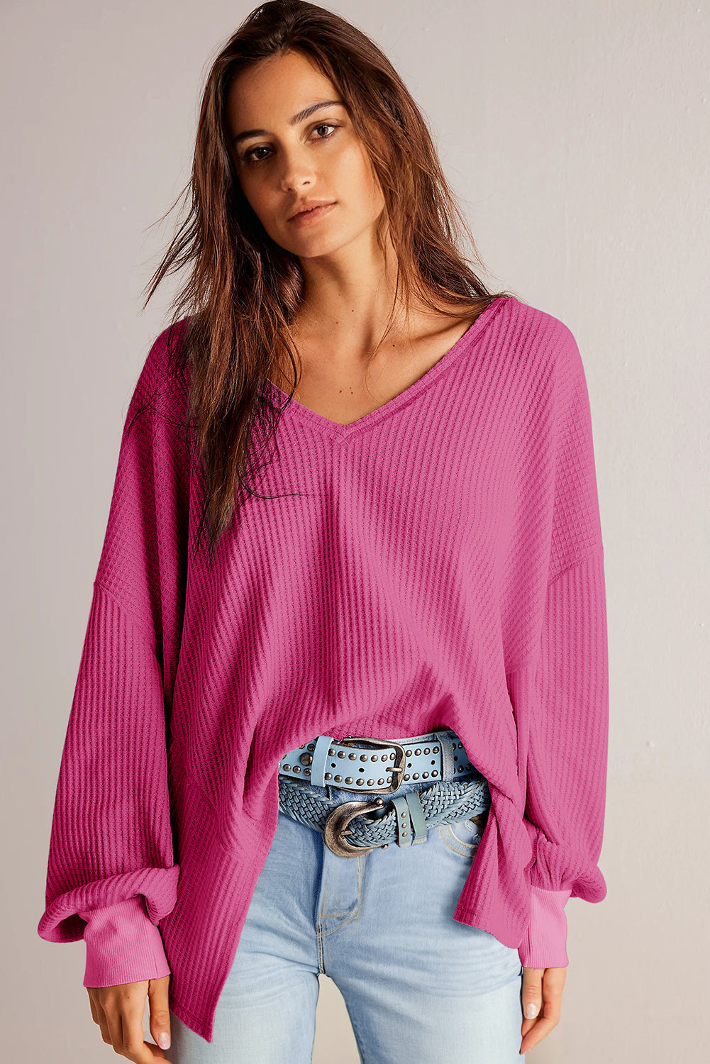 Bright Pink Waffle V Neck Drop Shoulder Long Sleeve Loose Top